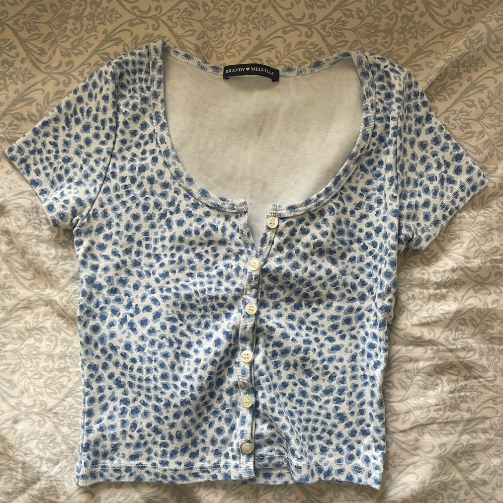 Brandy Melville White and Blue Patterned Button-Down Shirt